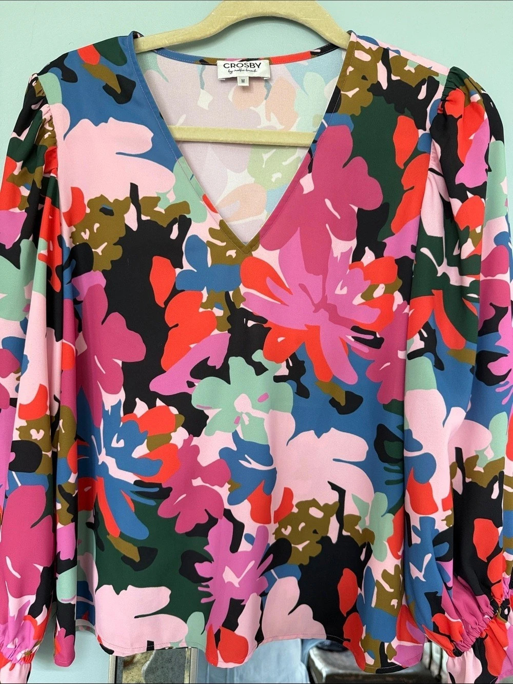 Crosby by Mollie Burch Floral Long Sleeve Blouse Pink & Black Medium